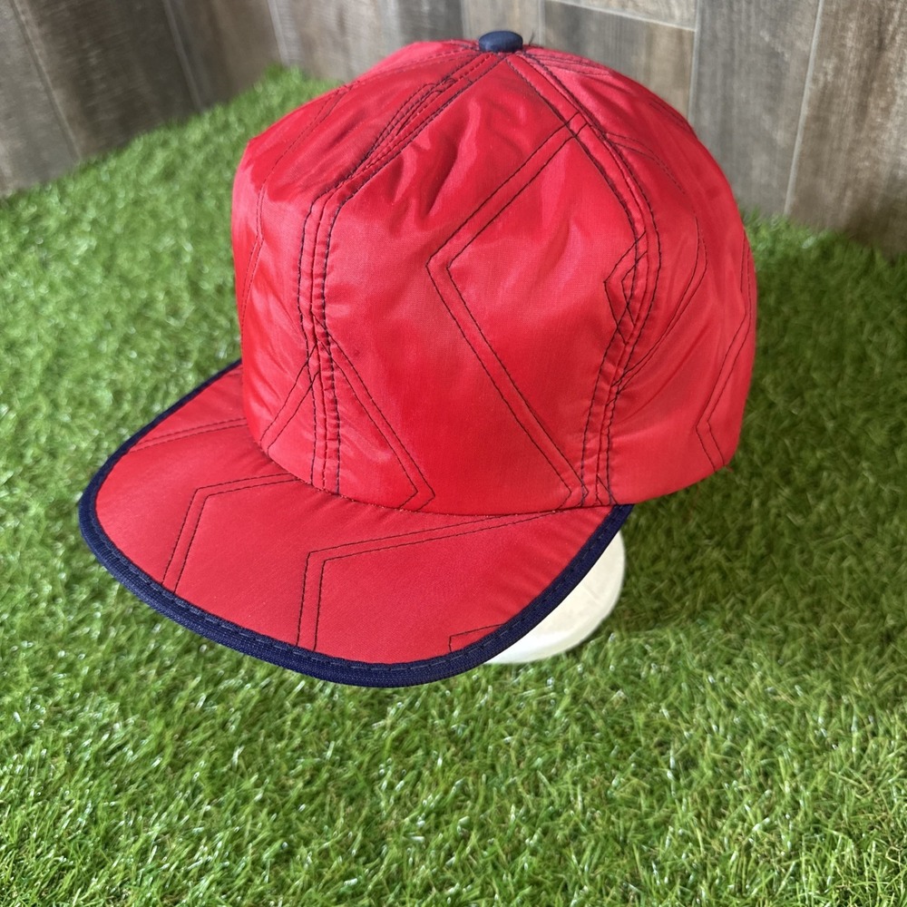 Vintage Red Quilted Nylon‎ Hat Size Large Blue Trim 80s Puff Style Cap Unbranded
